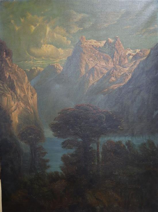 Continental School, oil on canvas, Alpine landscape, 68 x 50cm, unframed